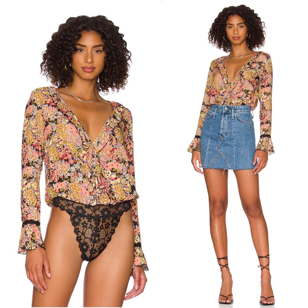 Free People Floral Bodysuit in Black and Pink